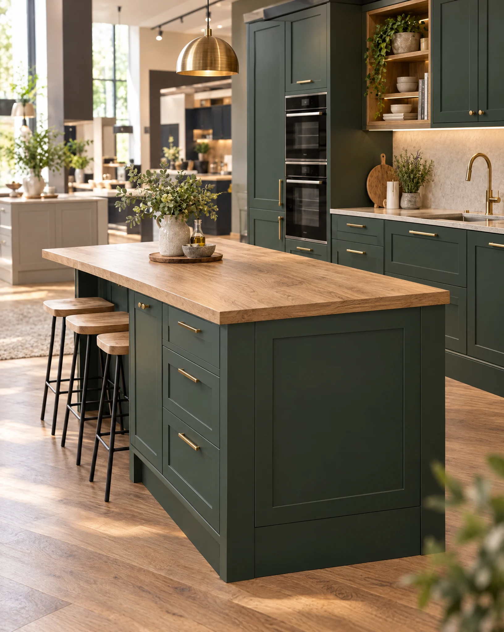Green shaker kitchen island with an oak worktop in a showroom