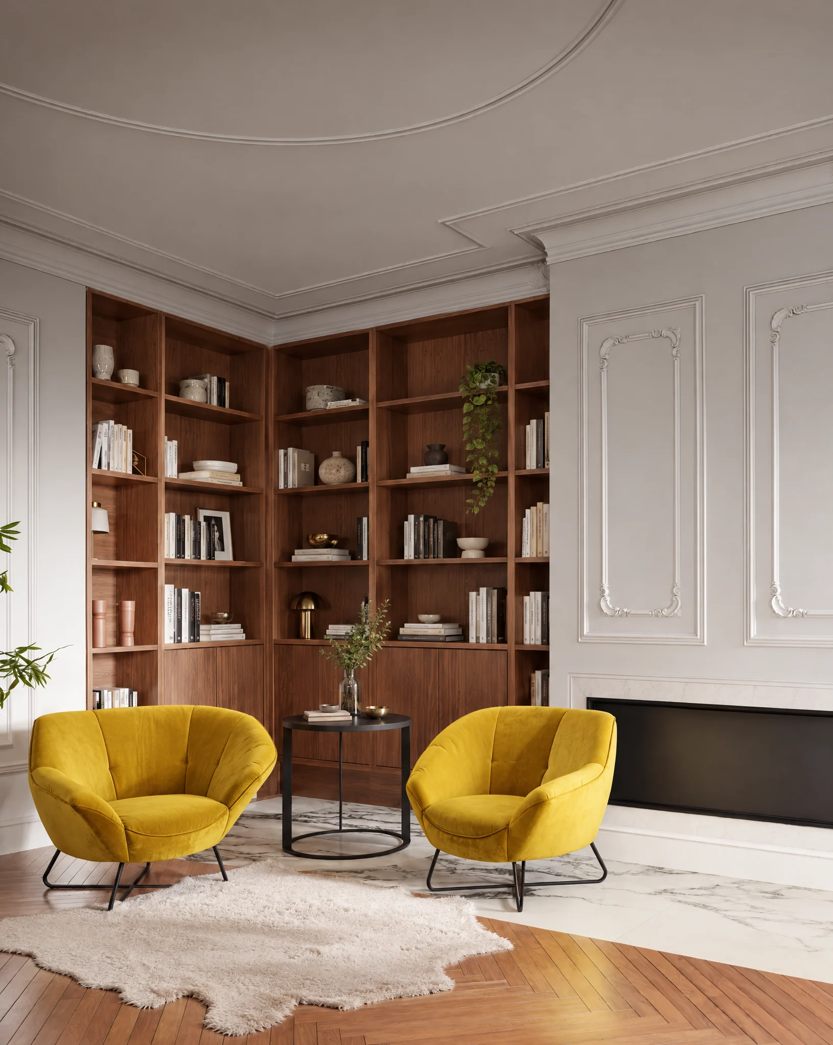 Independent furniture showroom with two mustard velvet armchairs, walnut shelving and a herringbone floor