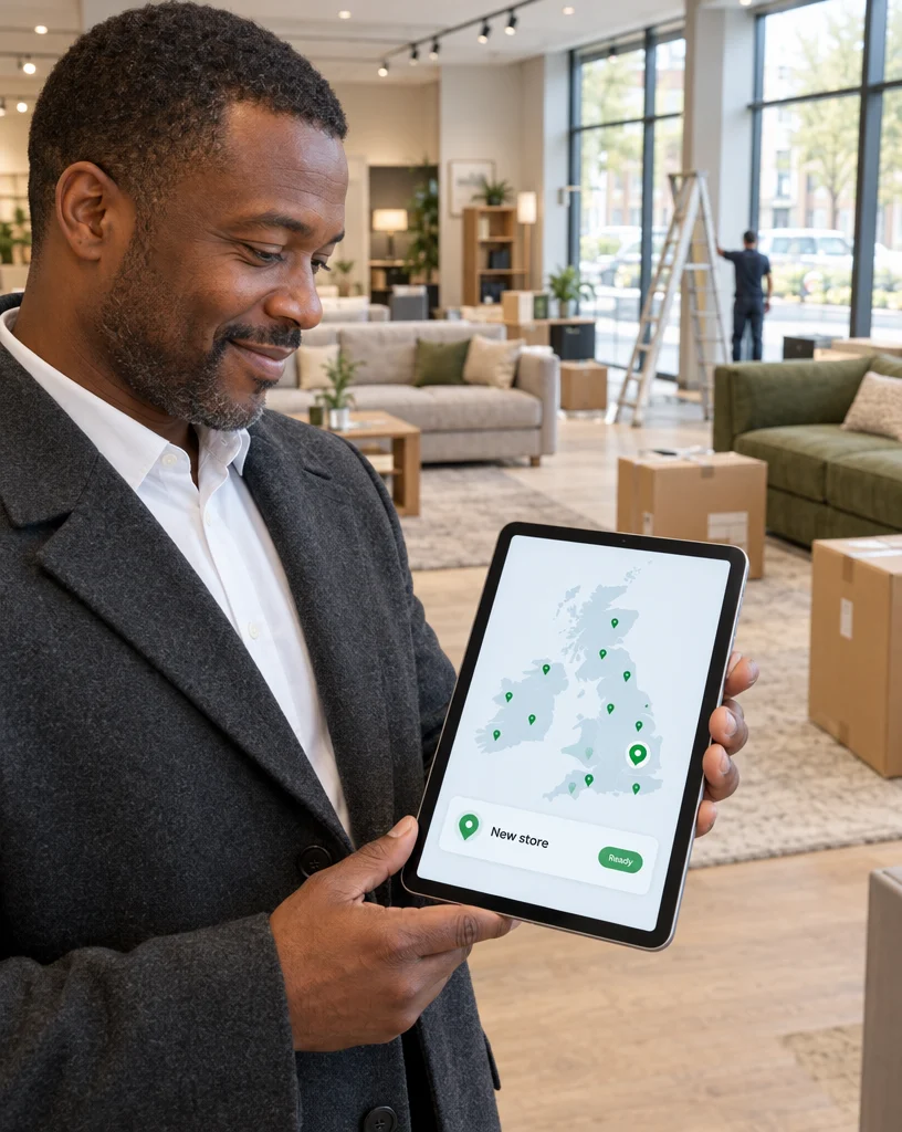 Furniture retail business owner checking a new store location in Ordorite on a tablet in a newly fitted showroom