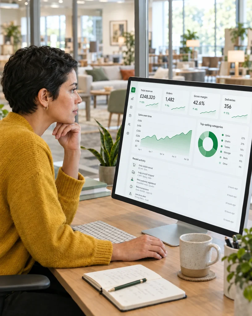 Retail business owner reviewing revenue, orders, margin and deliveries on one Ordorite dashboard in her back office