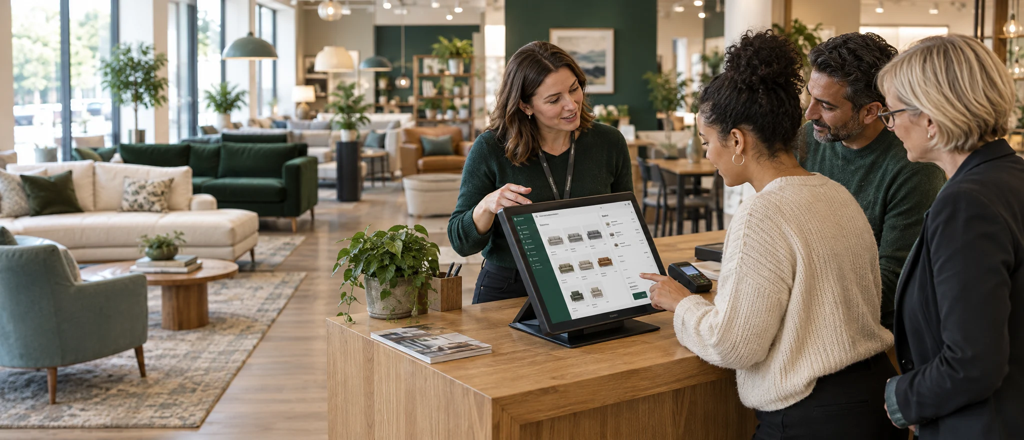 Ordorite trainer guiding showroom staff through the point of sale in a furniture showroom