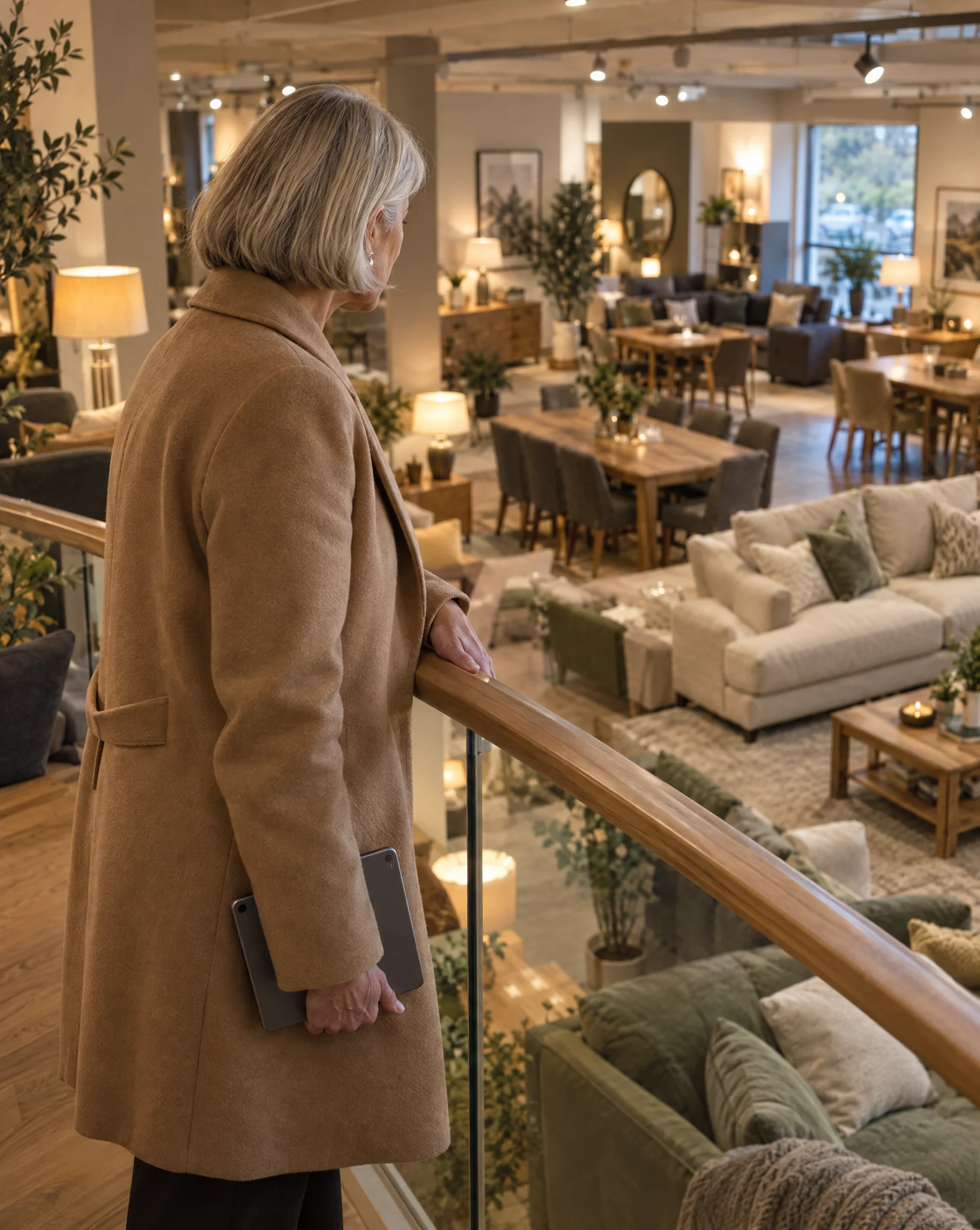 Furniture retailer owner holding a tablet and looking down over her showroom from a mezzanine