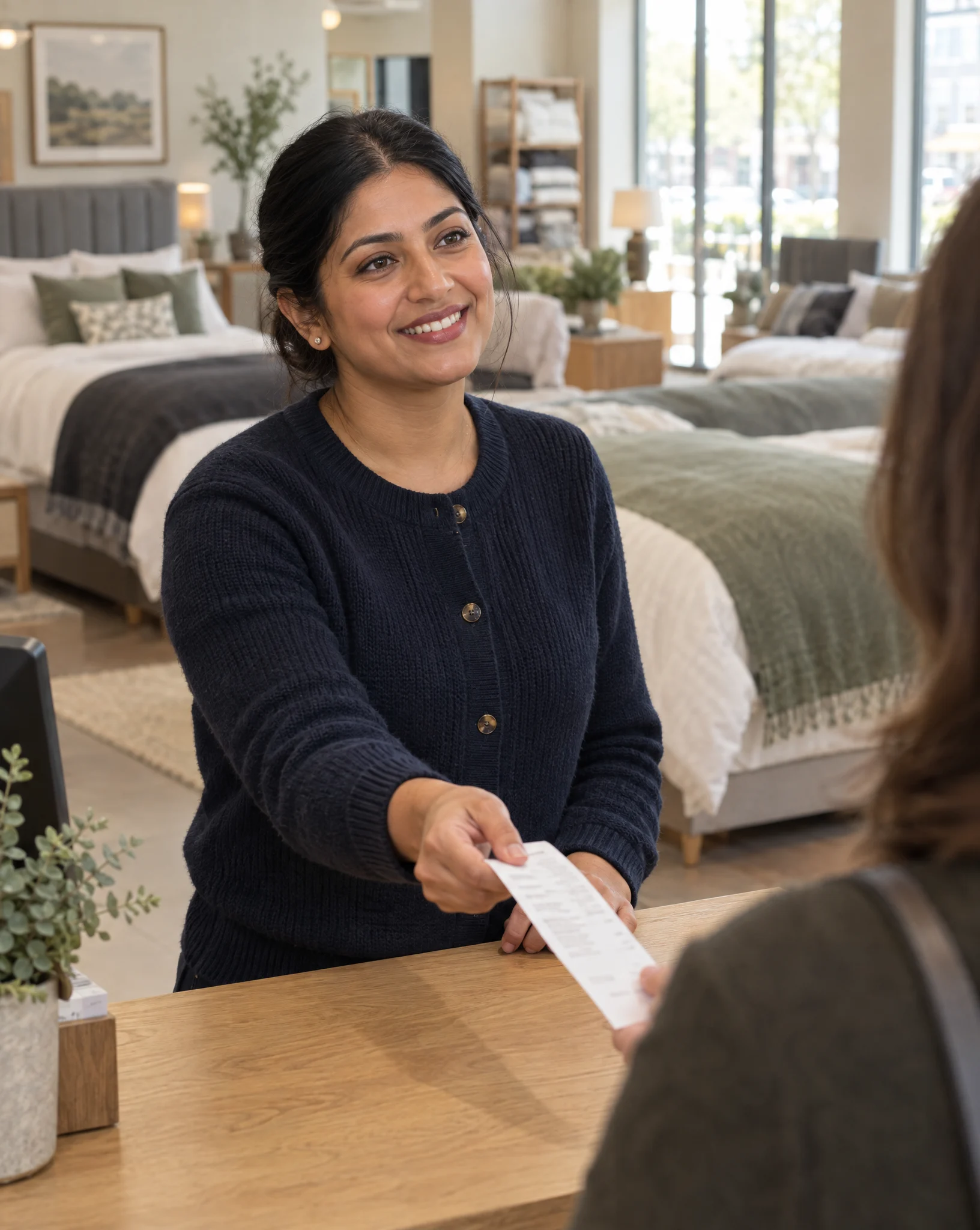 Store manager handing a customer a receipt across the counter of a bedding showroom