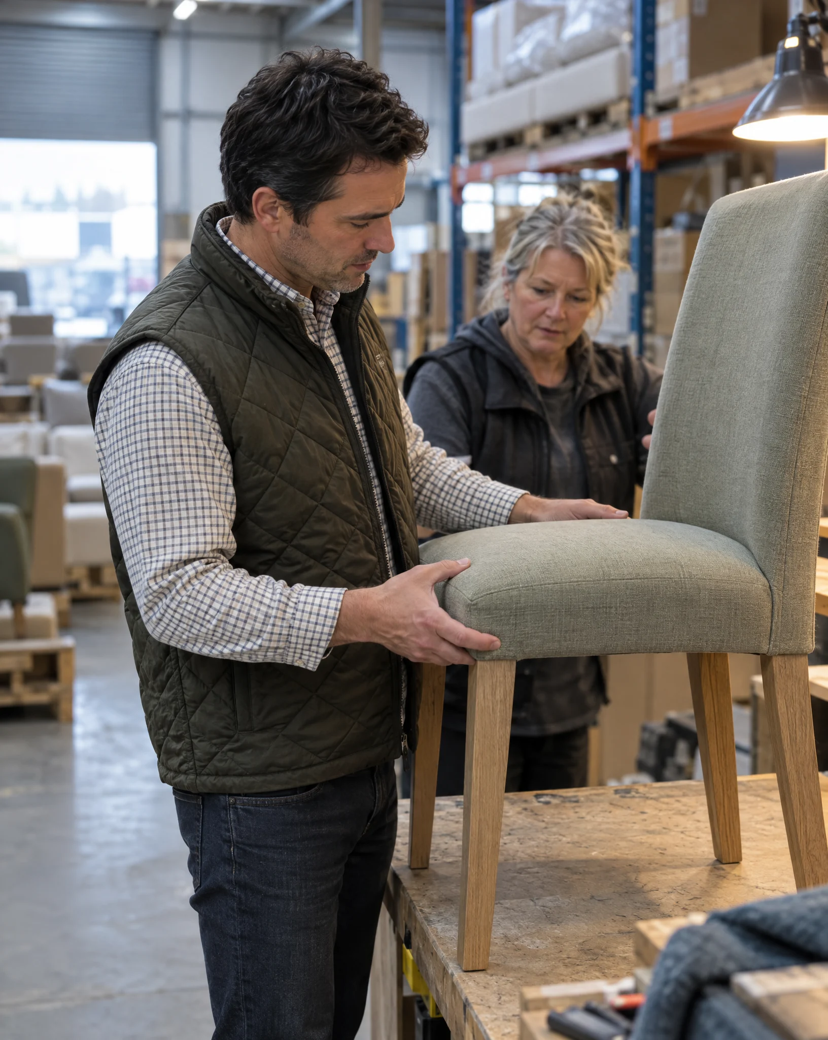 Furniture retailer owner examining an upholstered dining chair with a colleague in a warehouse returns area