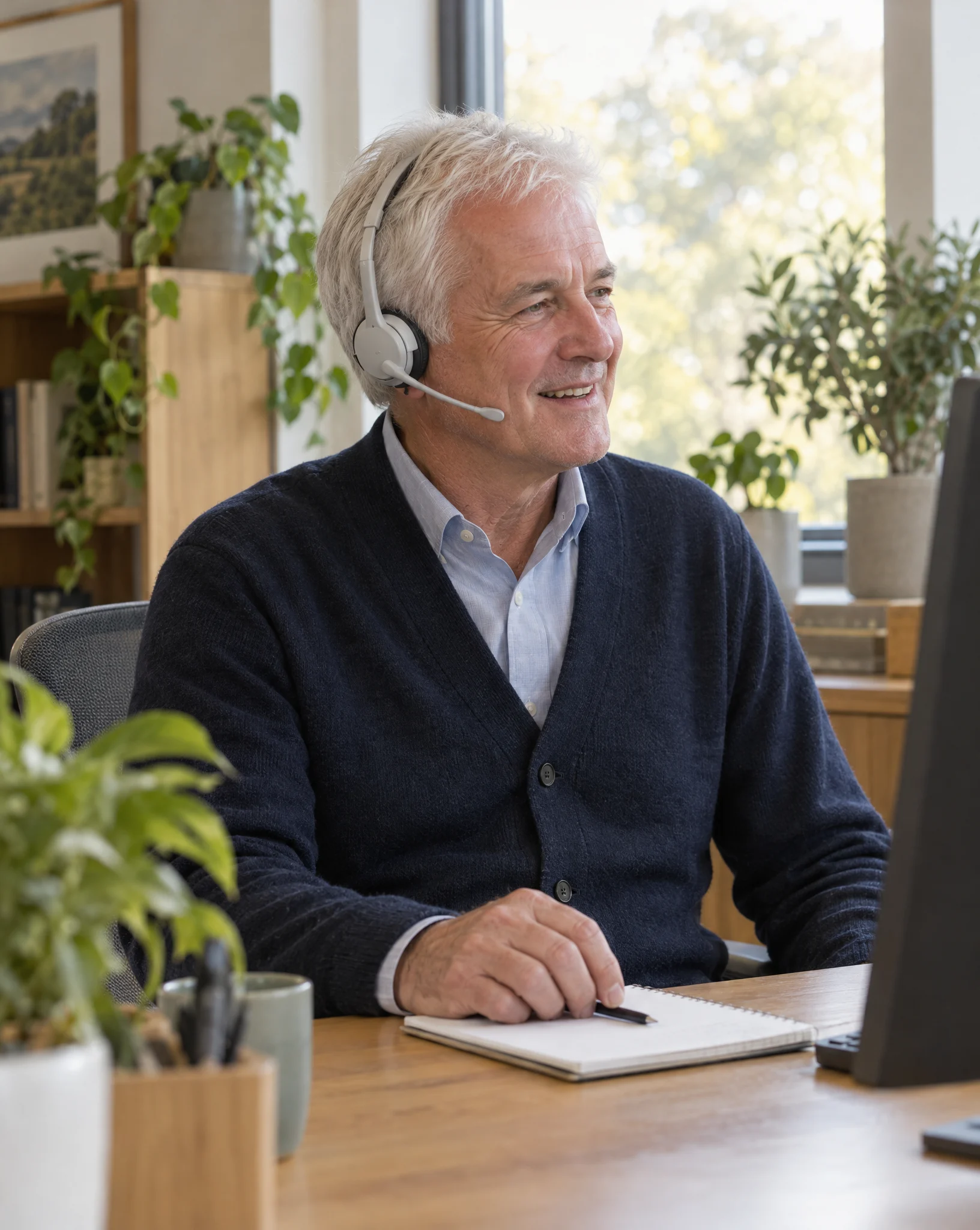 Customer service adviser on a headset smiling mid-call at his desk