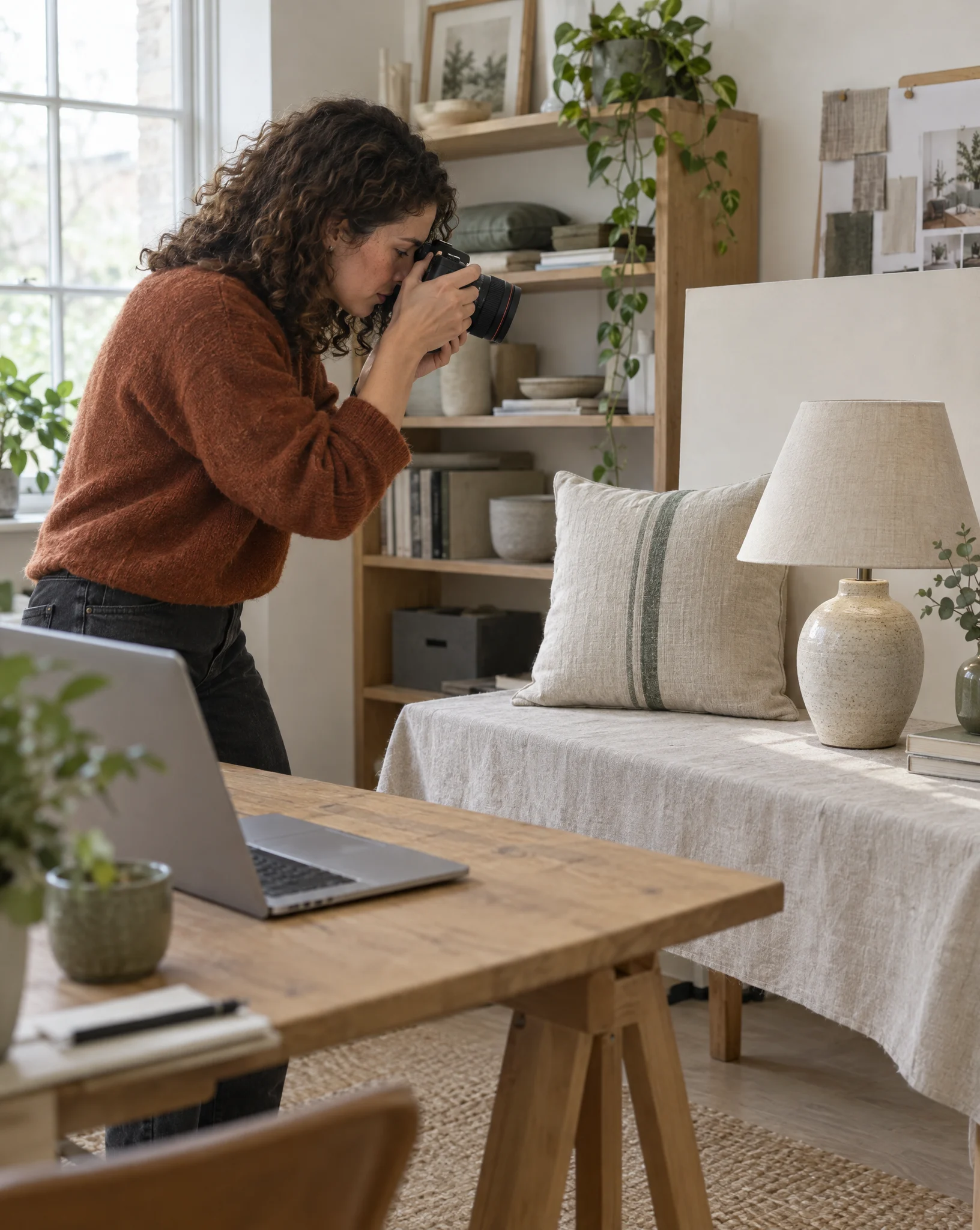 eCommerce manager photographing a cushion and table lamp for an online listing in a studio office