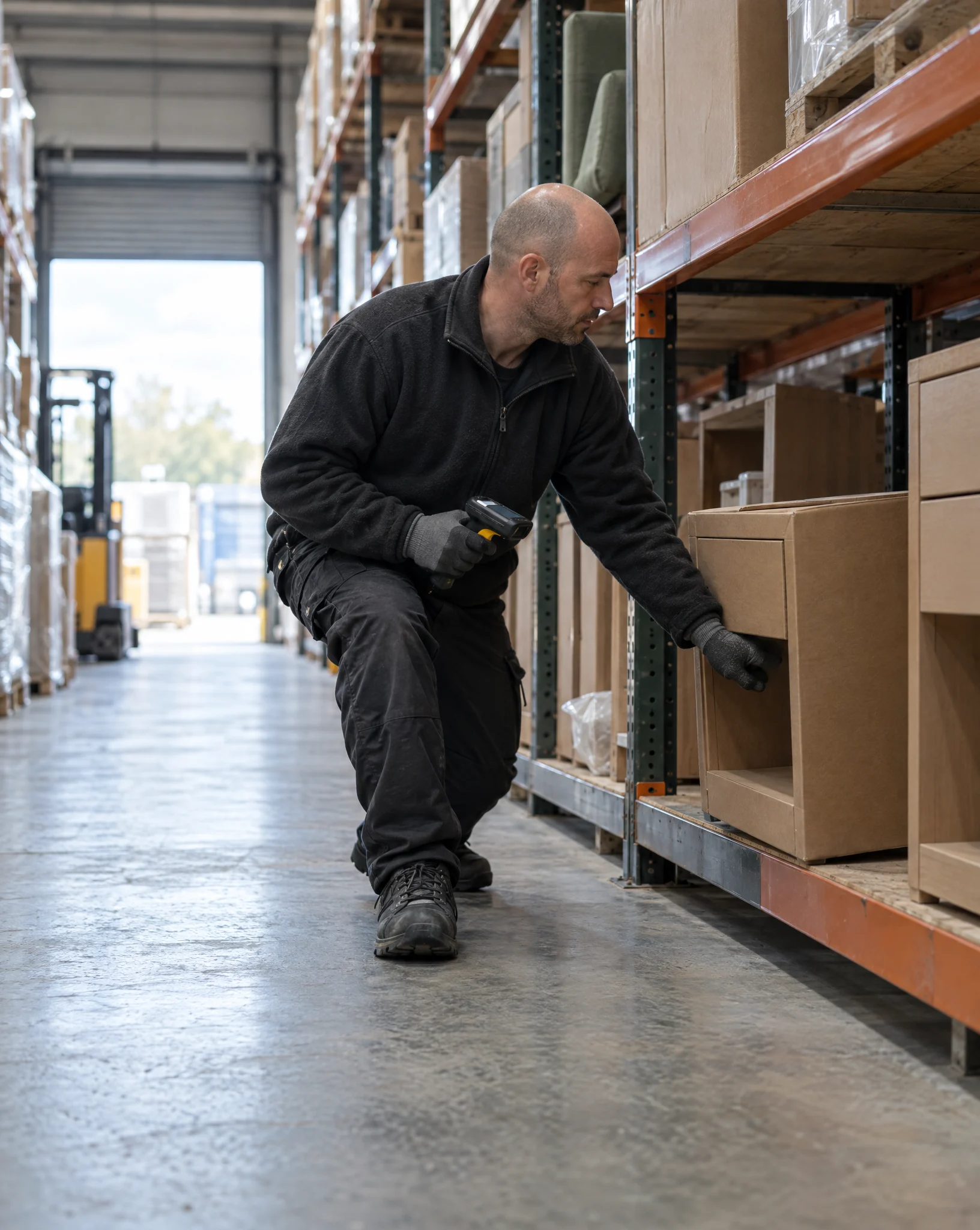 Warehouse picker with a handheld scanner pulling a boxed bedside table from the racking
