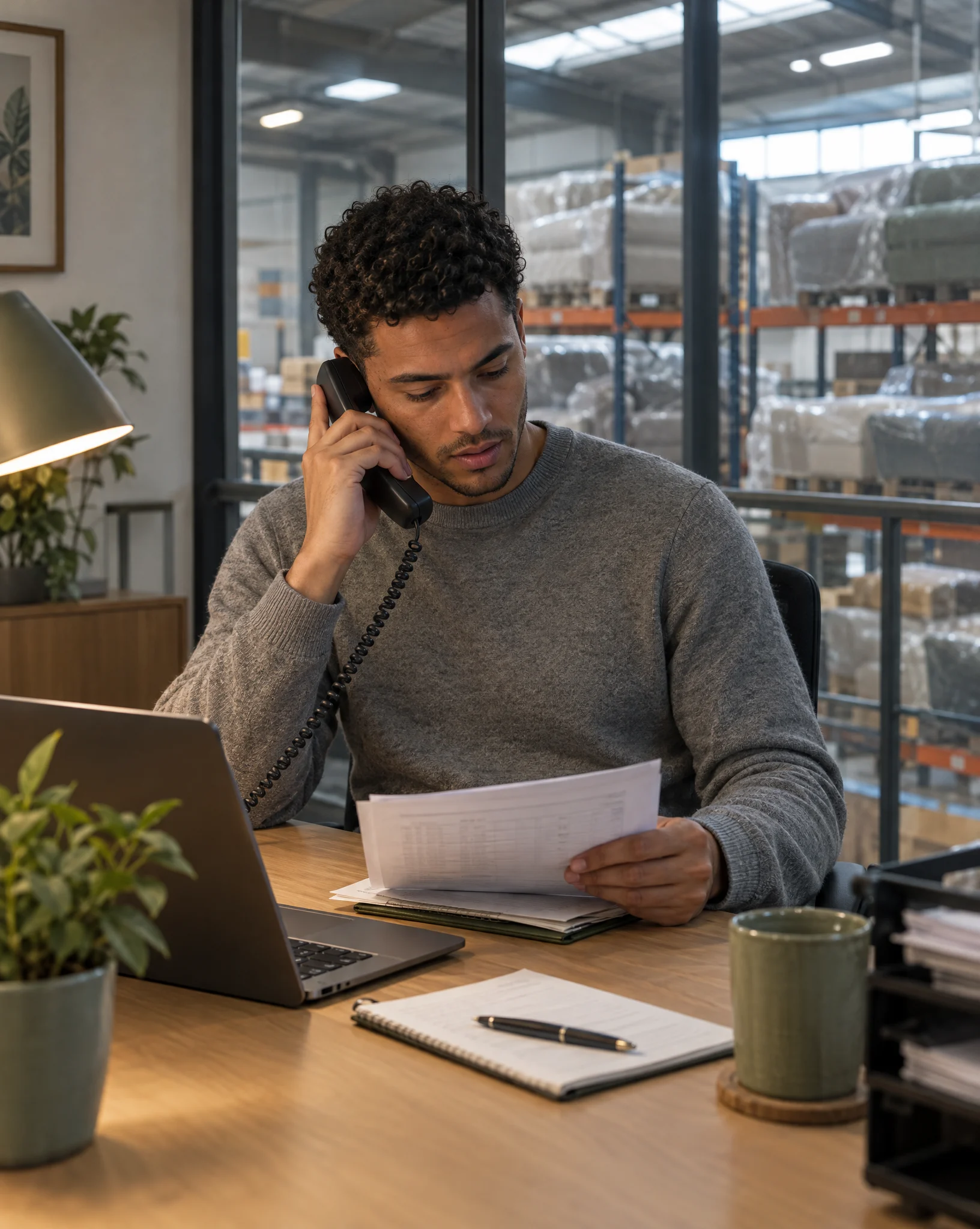 Finance team member on the phone reviewing paperwork in an office overlooking a furniture warehouse