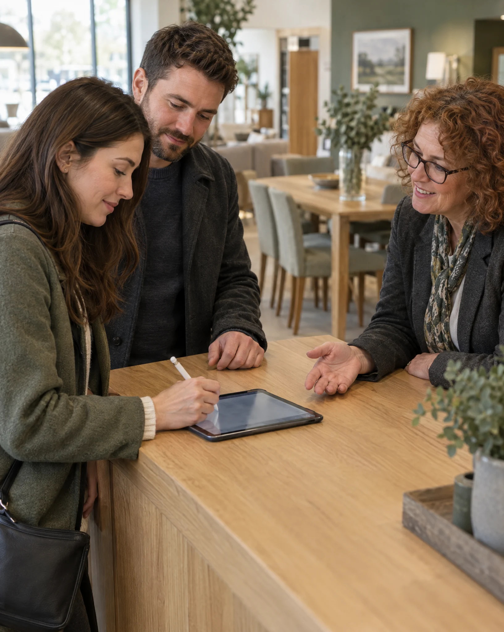 Couple signing a finance agreement on a tablet at a showroom counter while a sales adviser explains