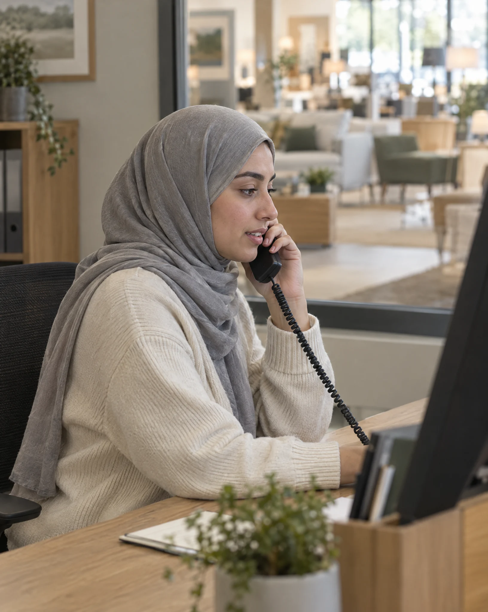 Customer service team member on the phone at a desk in a furniture showroom back office