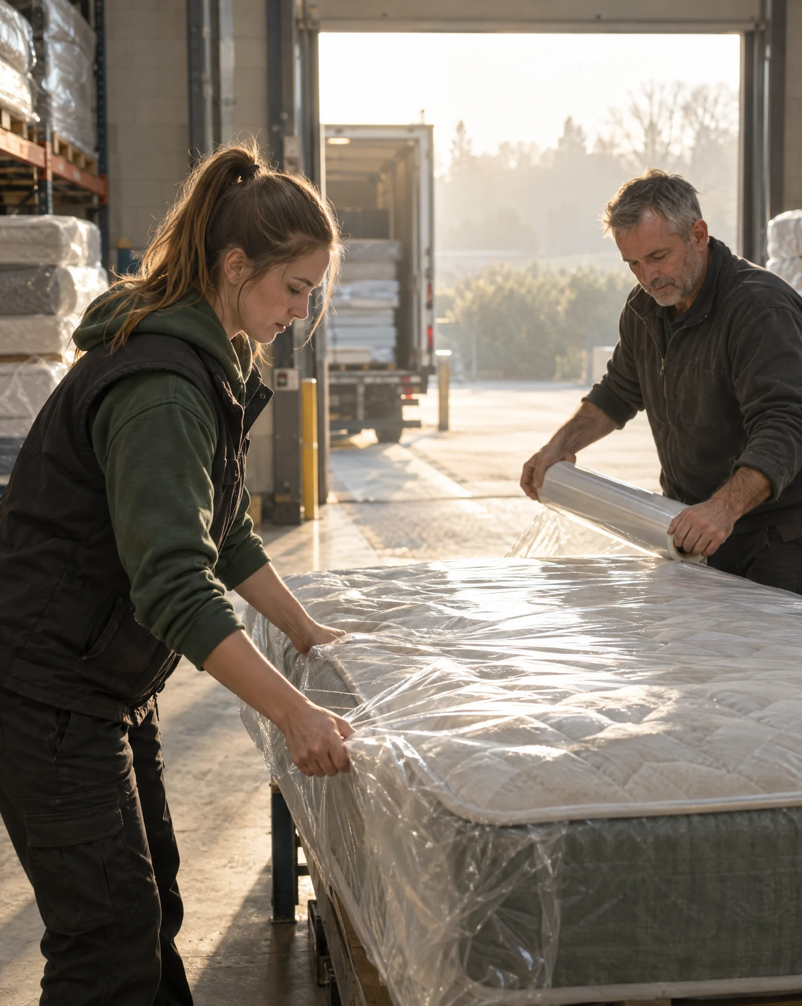 Two warehouse staff wrapping a mattress in protective plastic on a loading bay