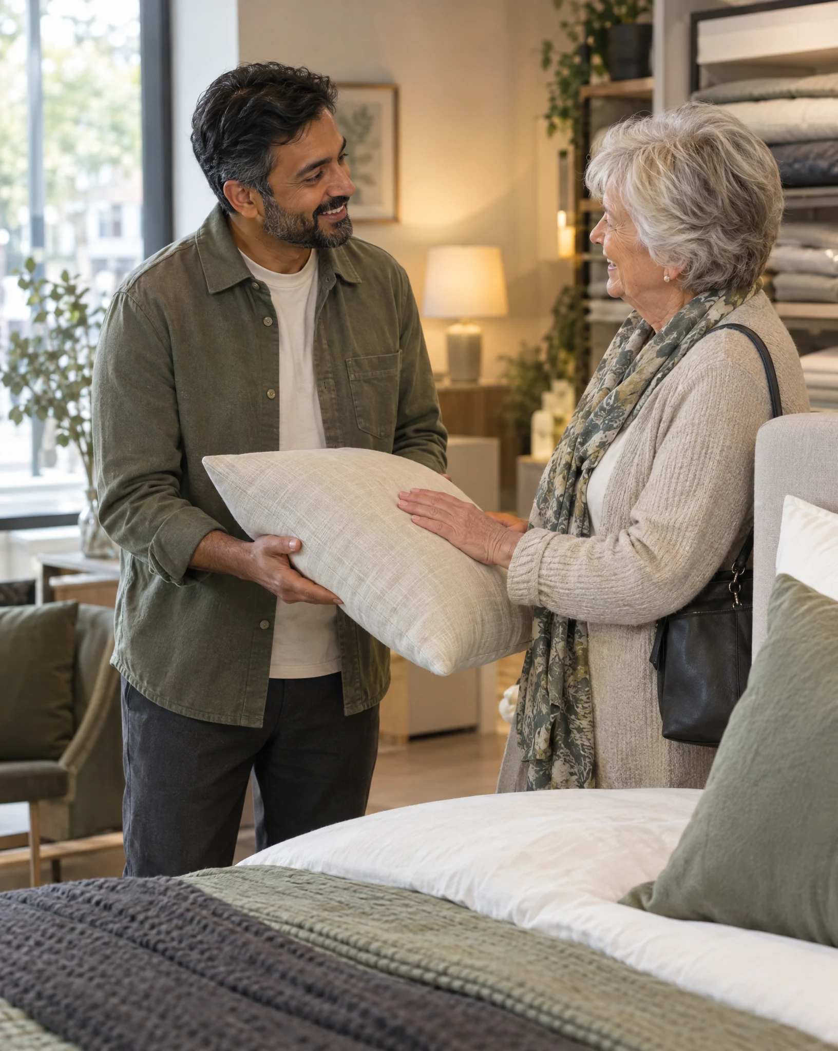 Customer care team member offering a pillow to an older customer in a bedding showroom
