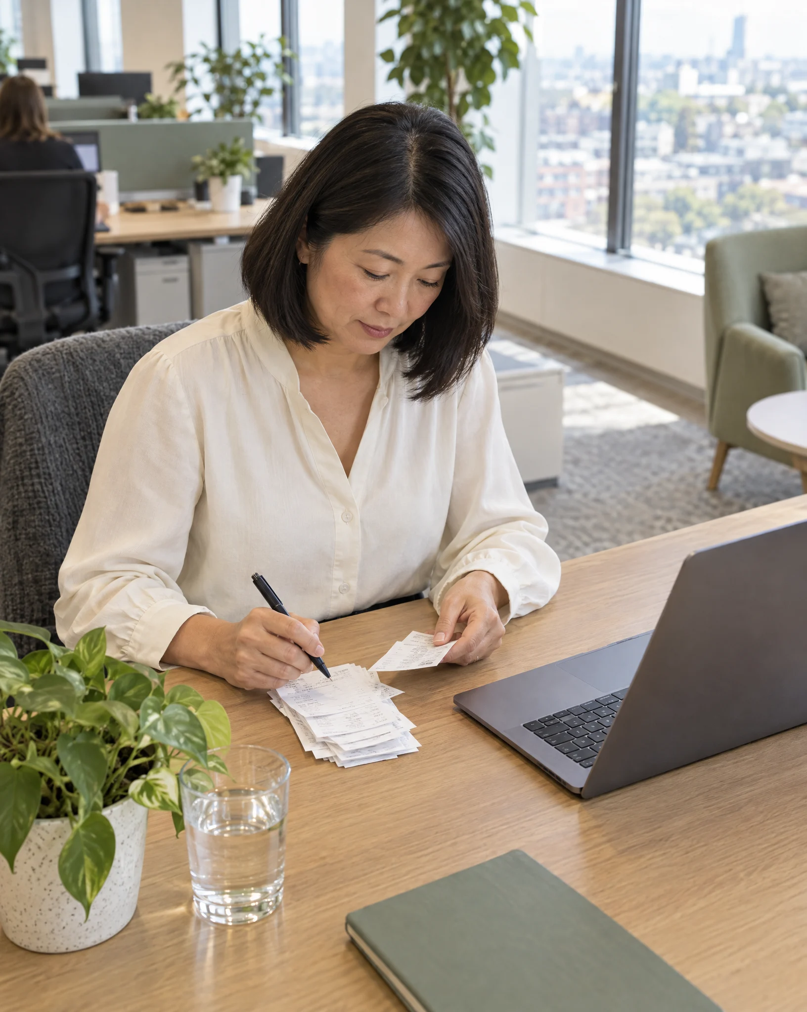 Finance assistant ticking off till receipts beside a laptop in a bright head office
