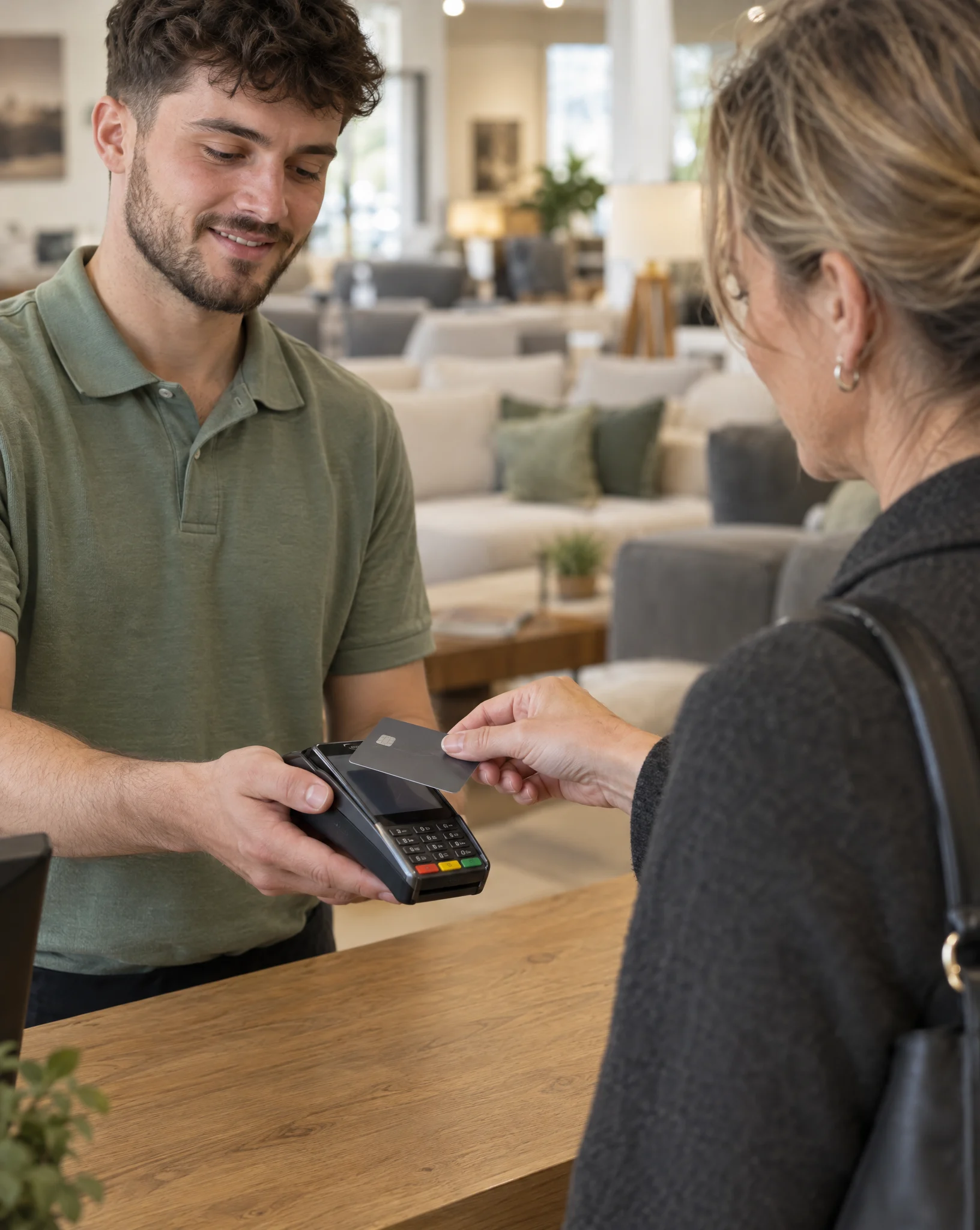 Sales assistant holding a card terminal while a customer taps her card at the till of a sofa showroom