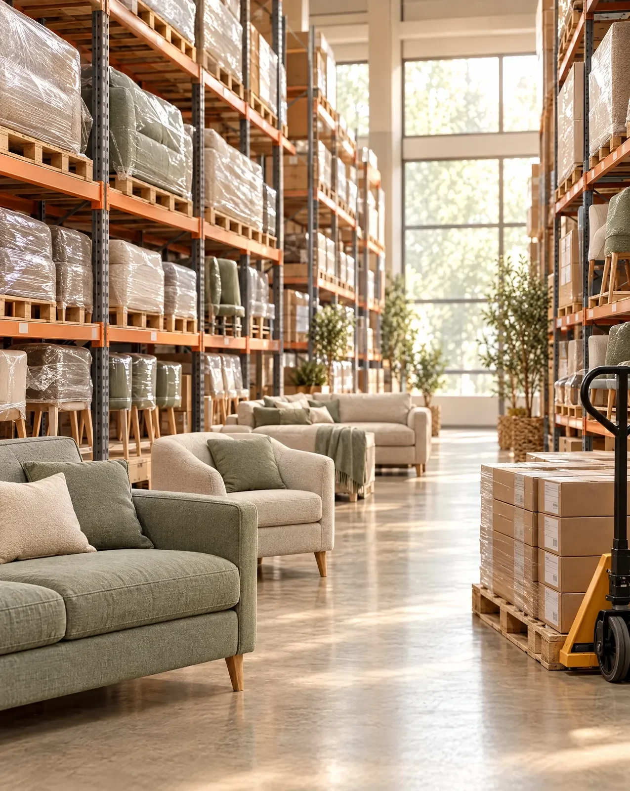 Furniture wholesale warehouse with wrapped sofas and chairs on pallet racking and boxed stock ready to ship
