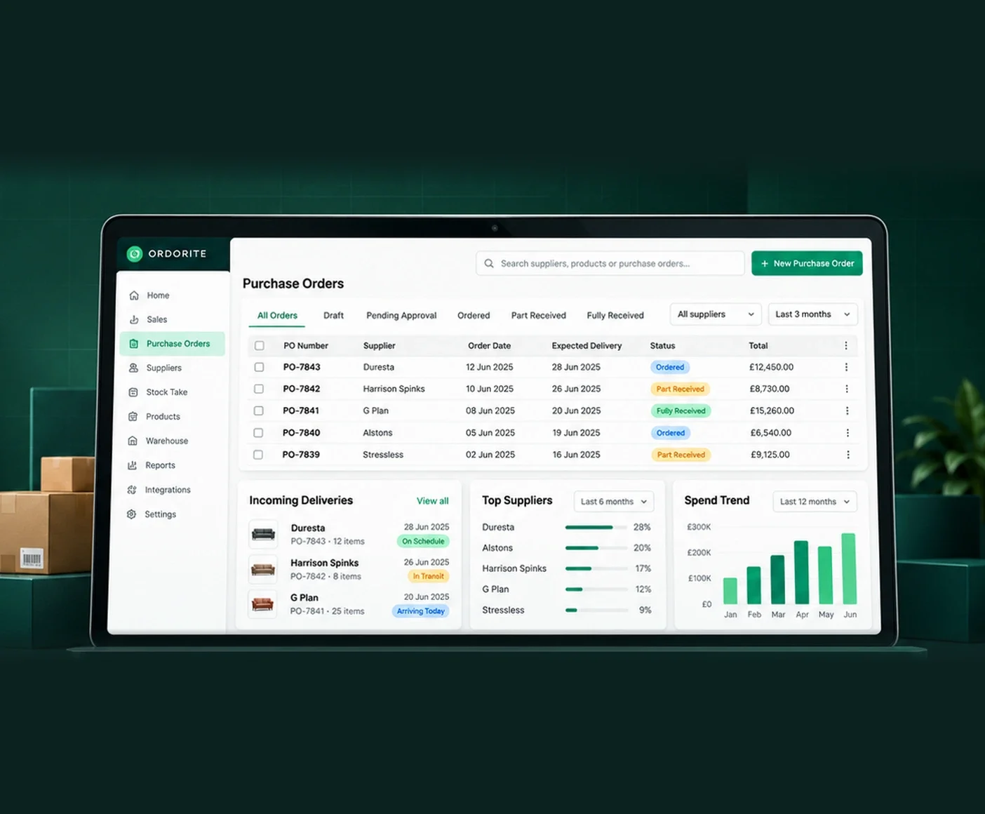 Ordorite purchase orders screen for furniture warehouse and operations teams