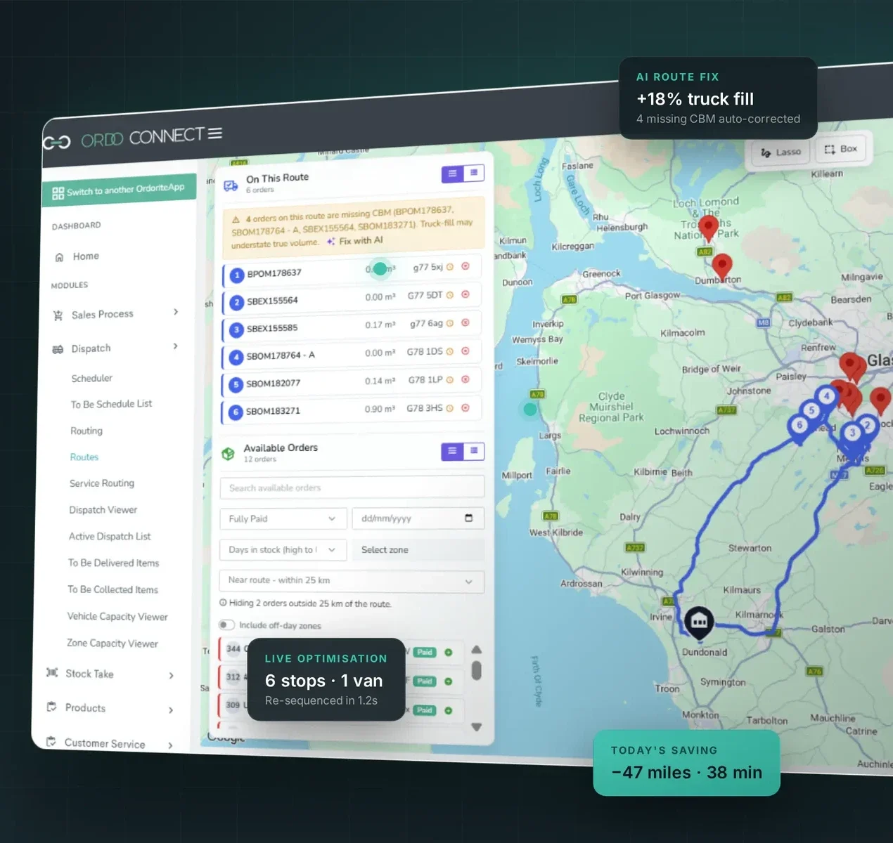 Ordorite delivery planning dashboard with mapped stops