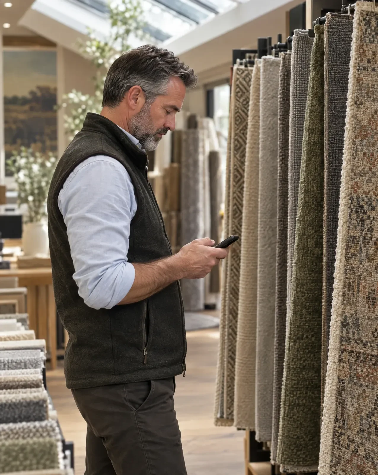 Flooring retailer owner checking his phone among hanging rug and carpet samples