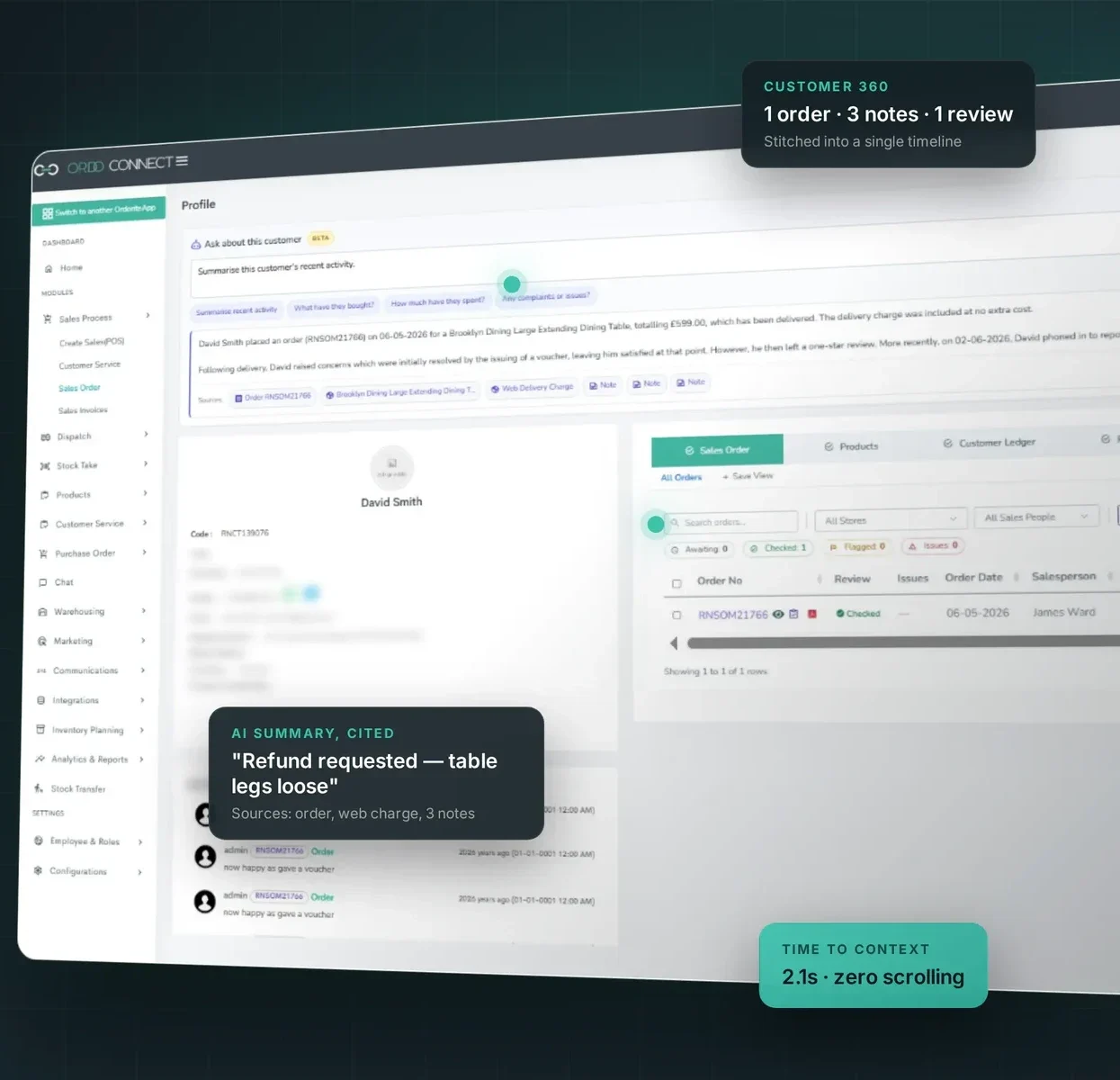 Ordorite Customer 360 interface summarising customer activity