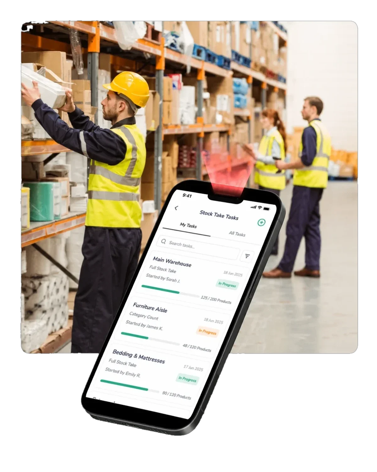Ordorite stock take tasks on a phone scanning stock in a warehouse