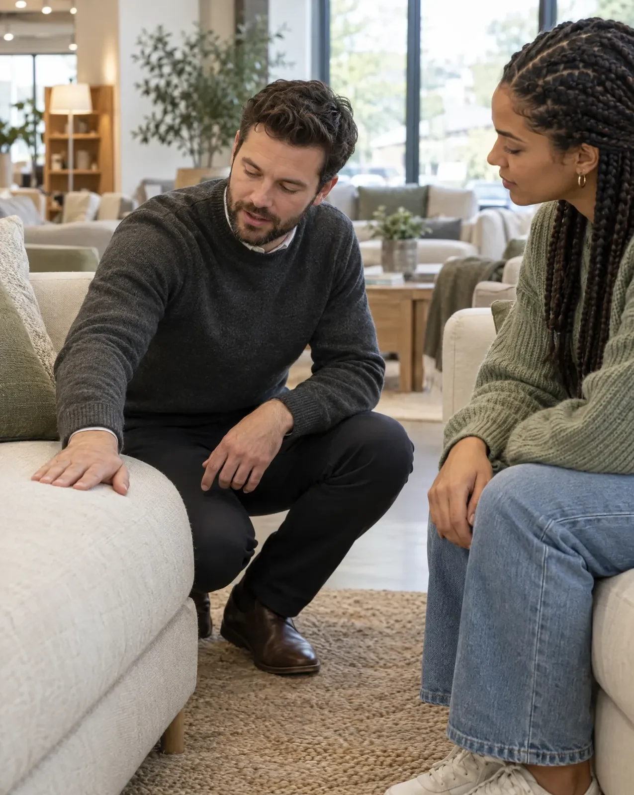Sales adviser crouching by a cream fabric sofa, explaining it to a seated customer