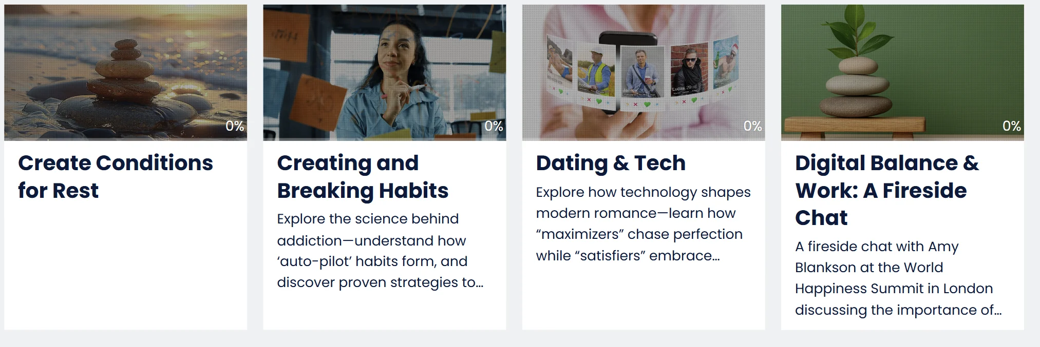 Course cards featuring Habit change, rest, and healthy technology use