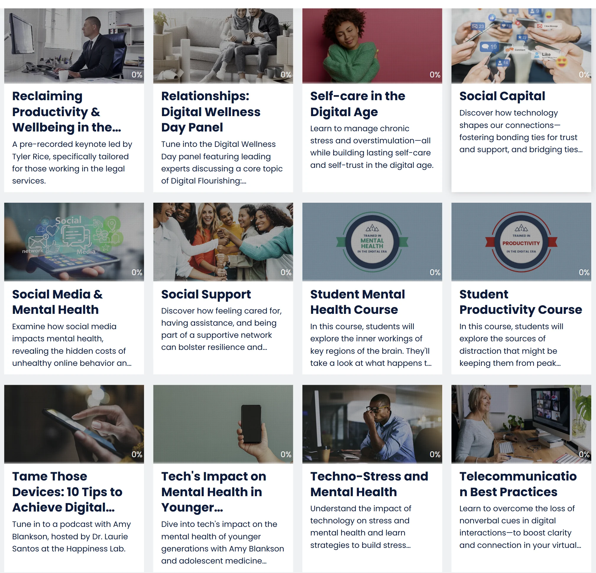 Course cards featuring Mental health, relationships, and communication