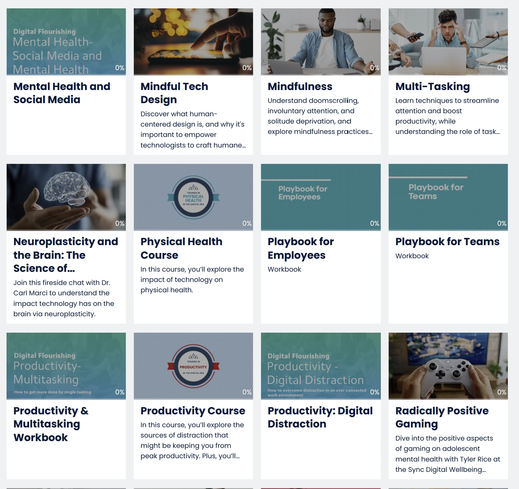 Course cards featuring Mindfulness, productivity, and team playbooks