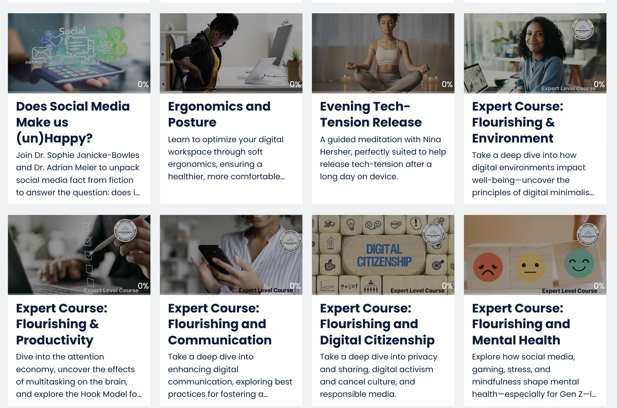 Course cards featuring Social media, ergonomics, and digital citizenship