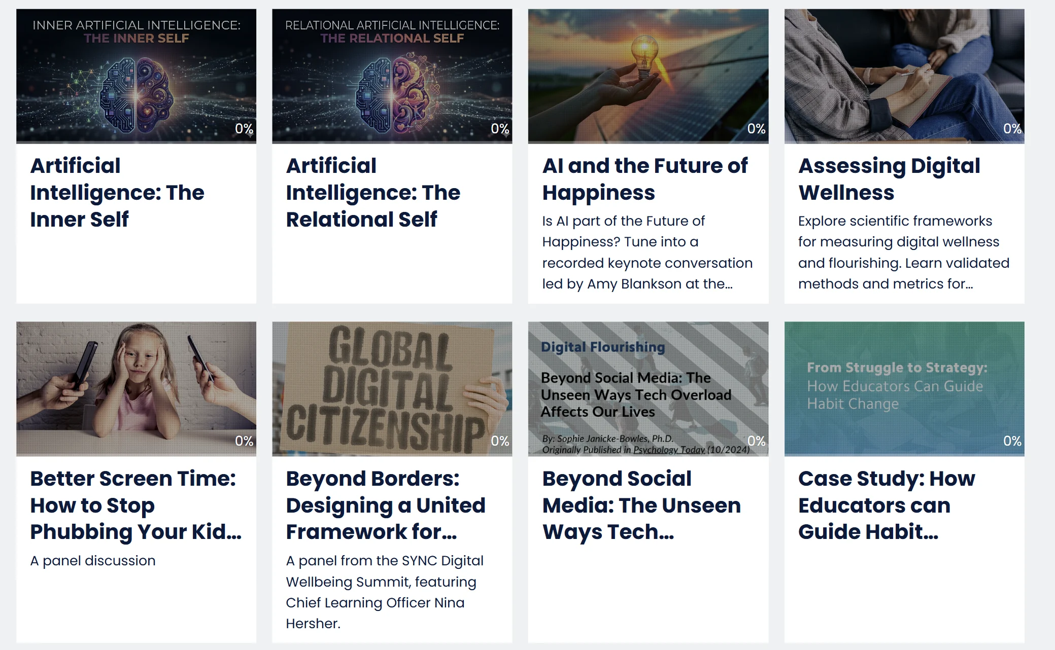 Course cards featuring AI, assessment, and digital citizenship