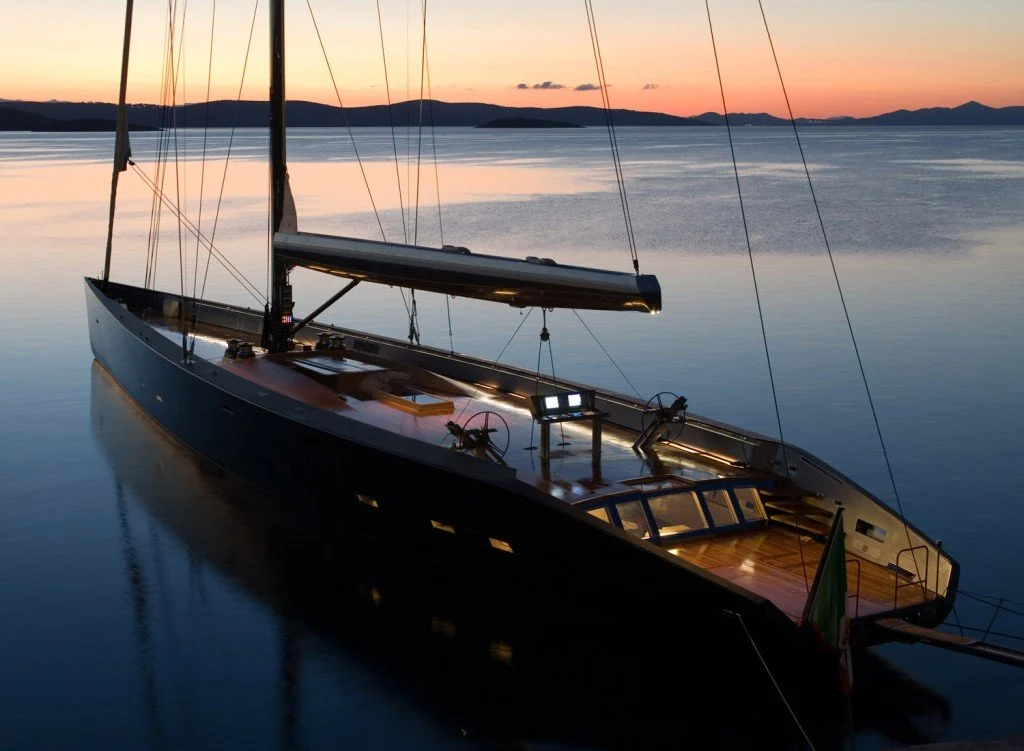 Wally sailing yacht at sunset