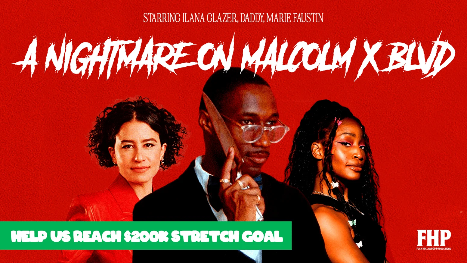 Red ensemble poster for A Nightmare On Malcolm X Blvd featuring three cast members