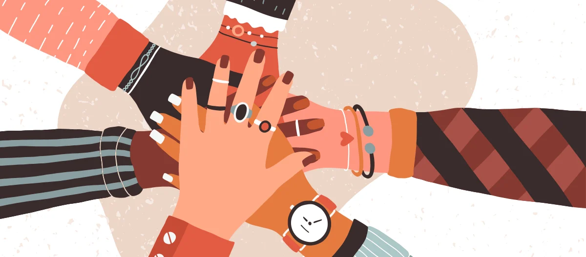 Ilustración de varias manos unidas como símbolo de colaboración y mentoría