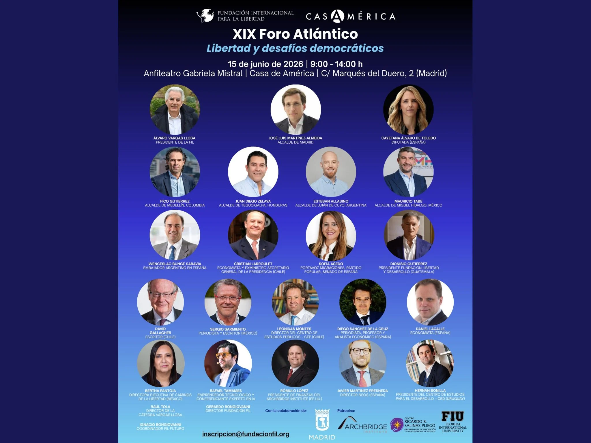 Cartel del XIX Foro Atlántico Libertad y desafíos democráticos, celebrado en Casa de América el 15 de junio de 2026, con Rafael Tamames entre los participantes