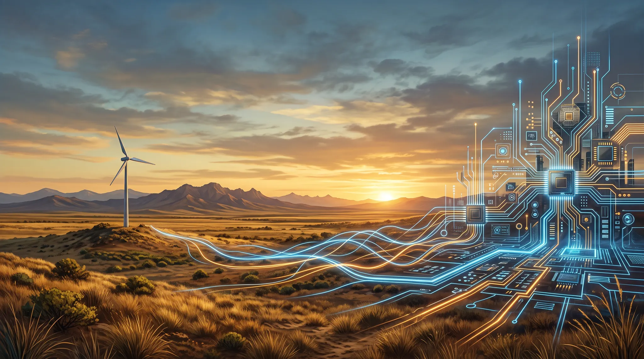 Paisaje argentino al atardecer atravesado por circuitos digitales que representan el desarrollo de la inteligencia artificial