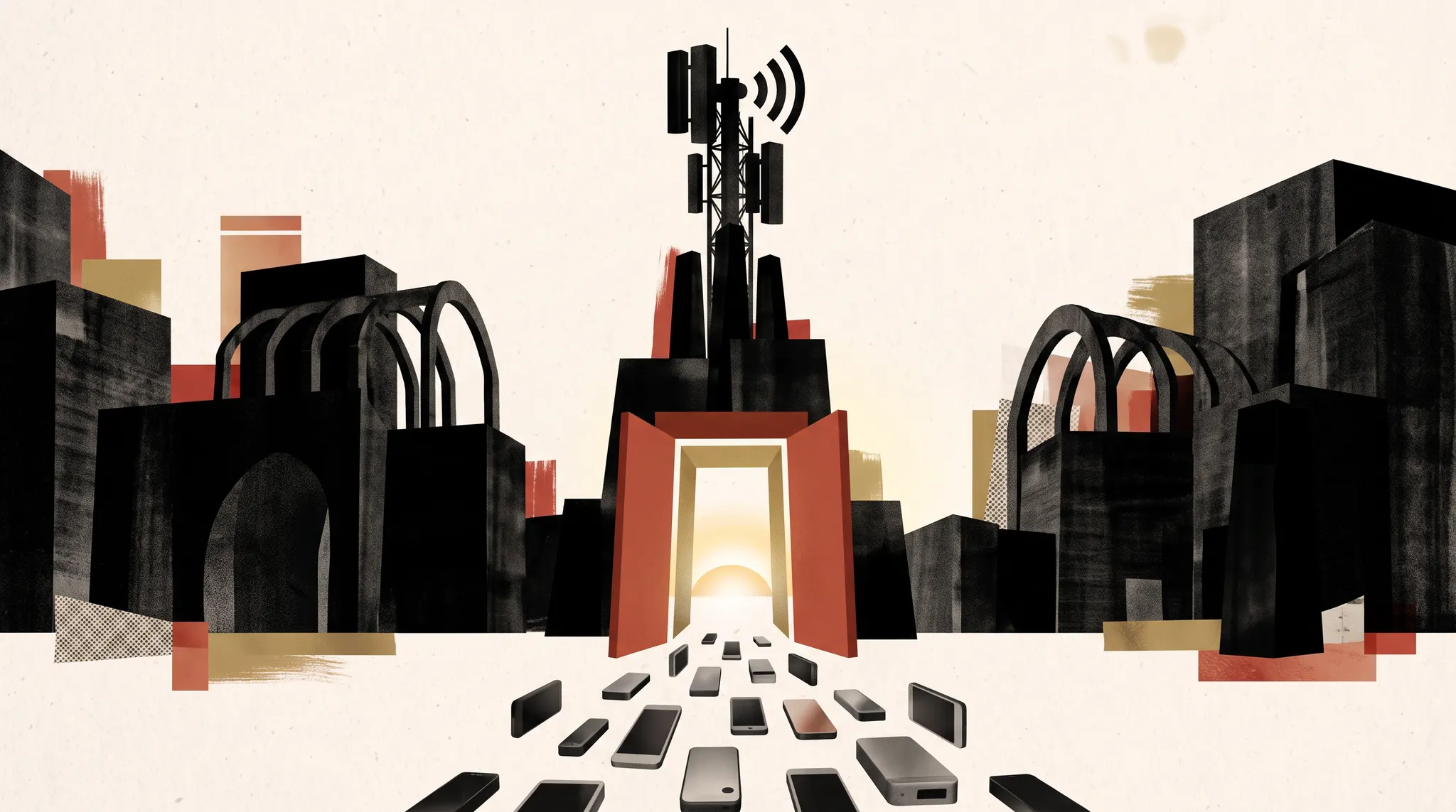 Ilustración editorial creada con IA para Buzzwords sobre conectividad móvil y el Mobile World Congress