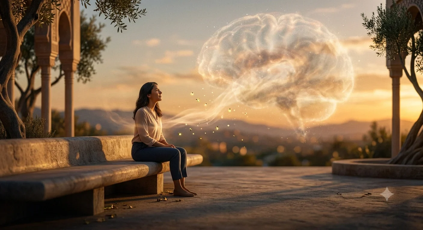 Mujer contemplando una representación luminosa de un cerebro humano, como metáfora de la investigación en inteligencia artificial