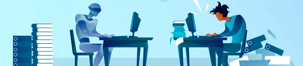 Ilustración editorial sobre robotización, trabajo y educación