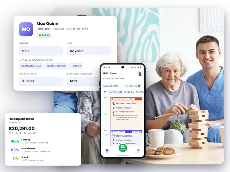 FlowLogic participant profile, funding allocation and workforce mobile app presented with an aged care support scene