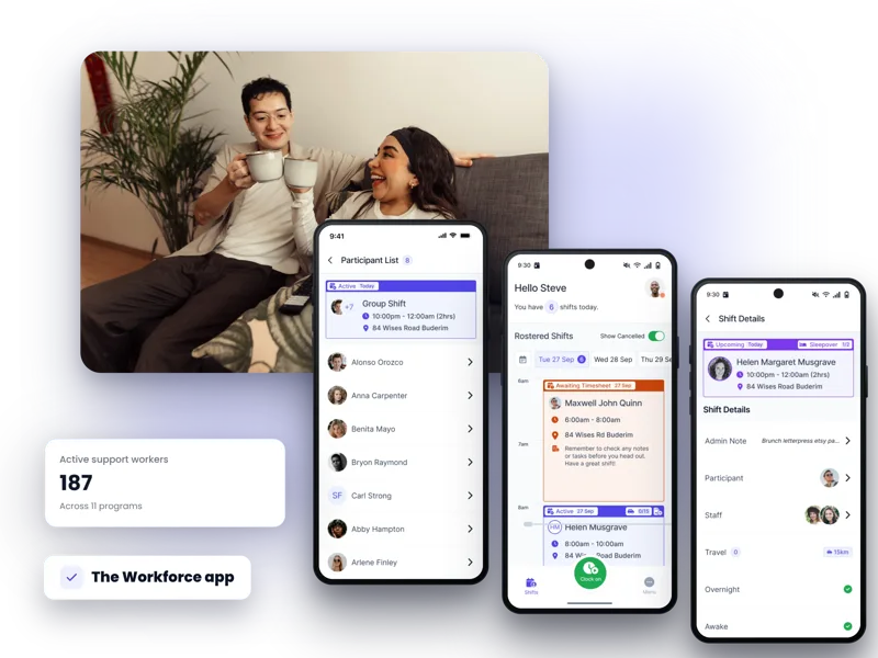 FlowLogic workforce app screens shown with people receiving support at home