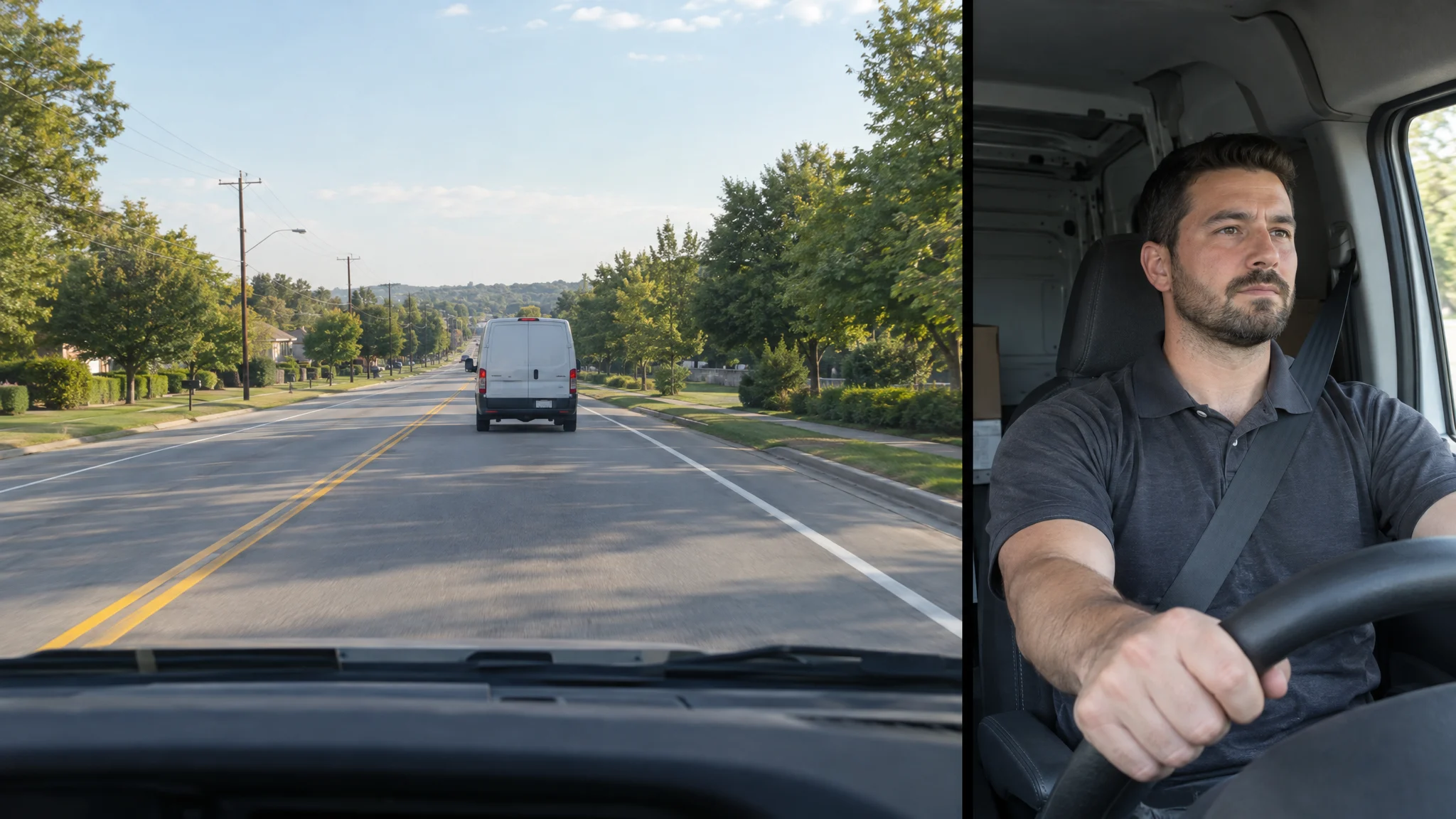 Illustrative road-facing and driver-facing dashcam views