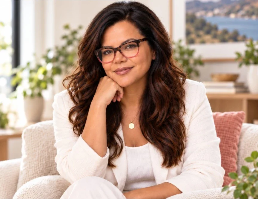 Ava seated in a warm home office, wearing glasses and a white jacket