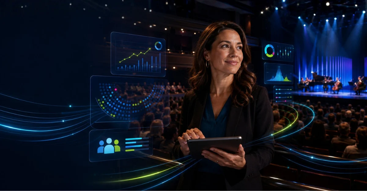Arts professional holding a tablet at a performance venue with conceptual data graphics