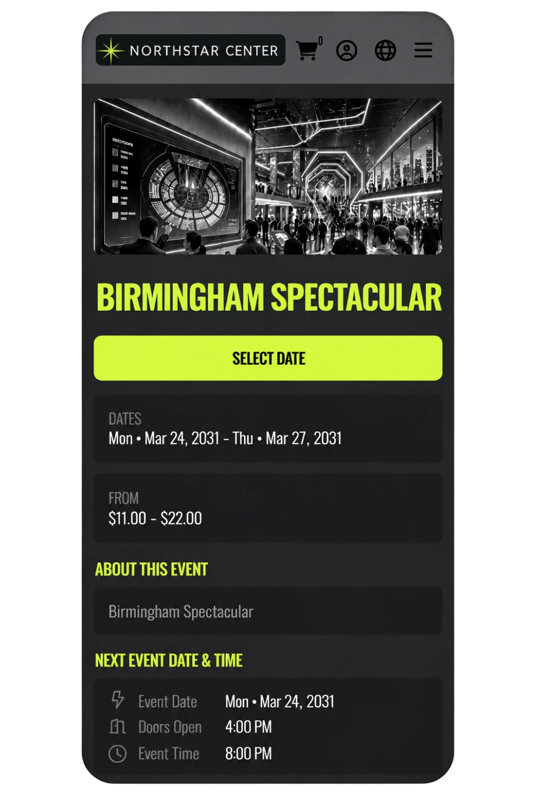 Northstar Center Ticket Shop mobile event page showing Birmingham Spectacular details and a Select Date button