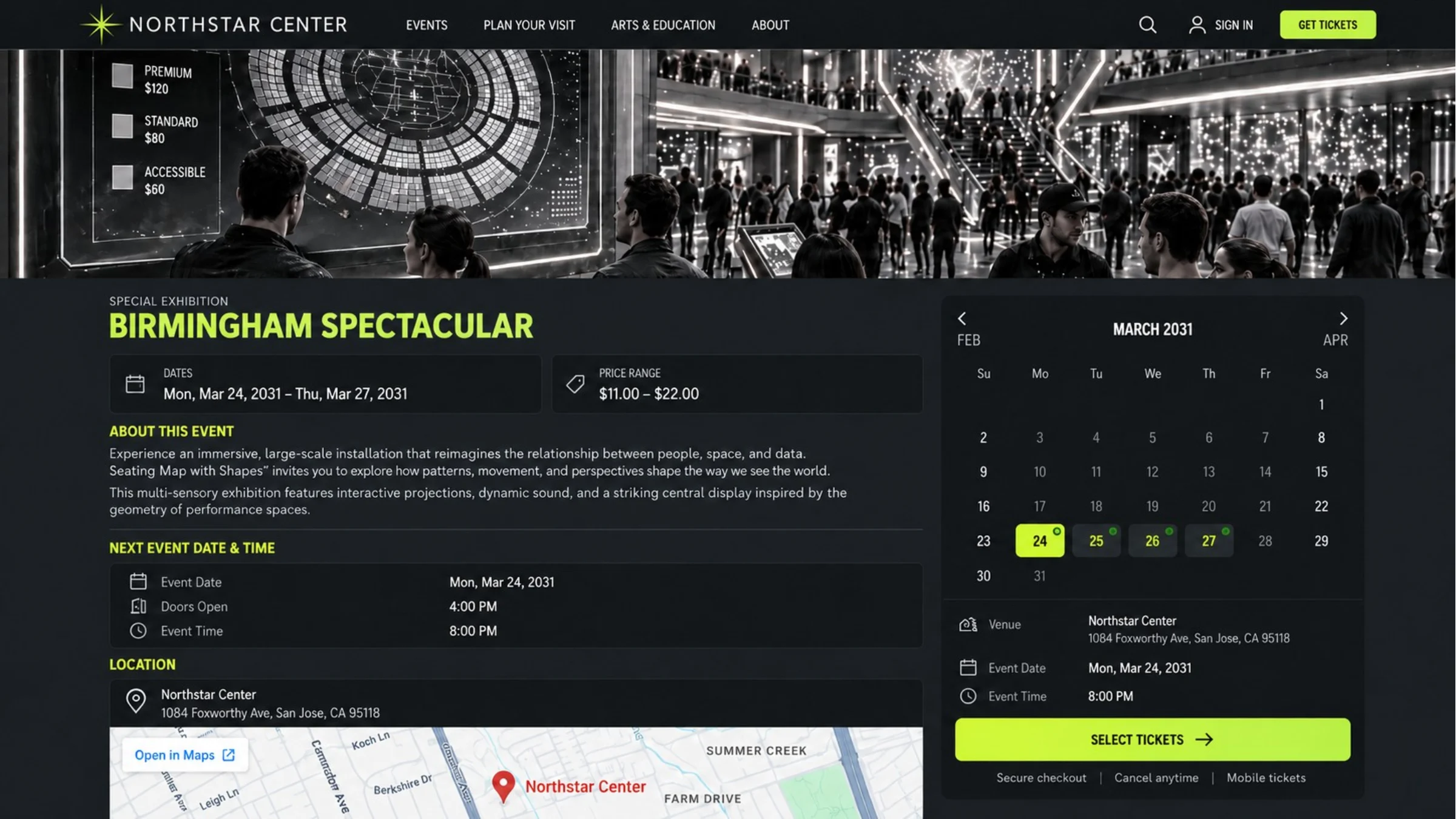 Northstar Center Ticket Shop event page showing exhibition details, a date calendar and a Select Tickets button