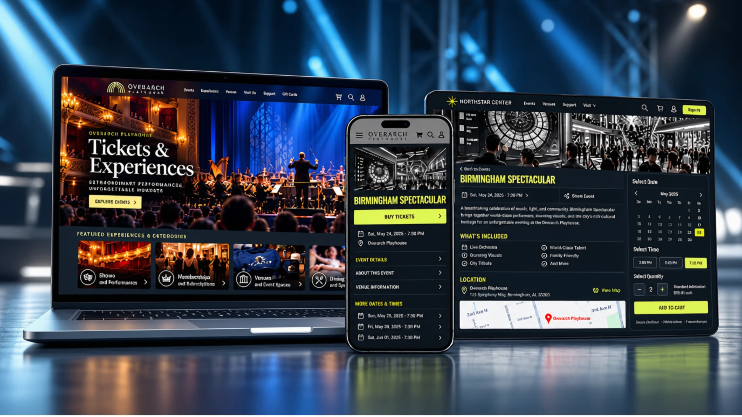 Ticket Shop storefront views on a laptop, phone, and desktop screen against a blue-lit venue backdrop
