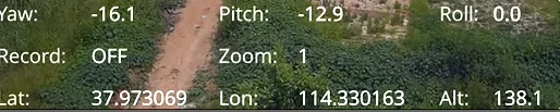 On-screen readout showing yaw, pitch, roll, zoom, latitude, longitude and altitude values