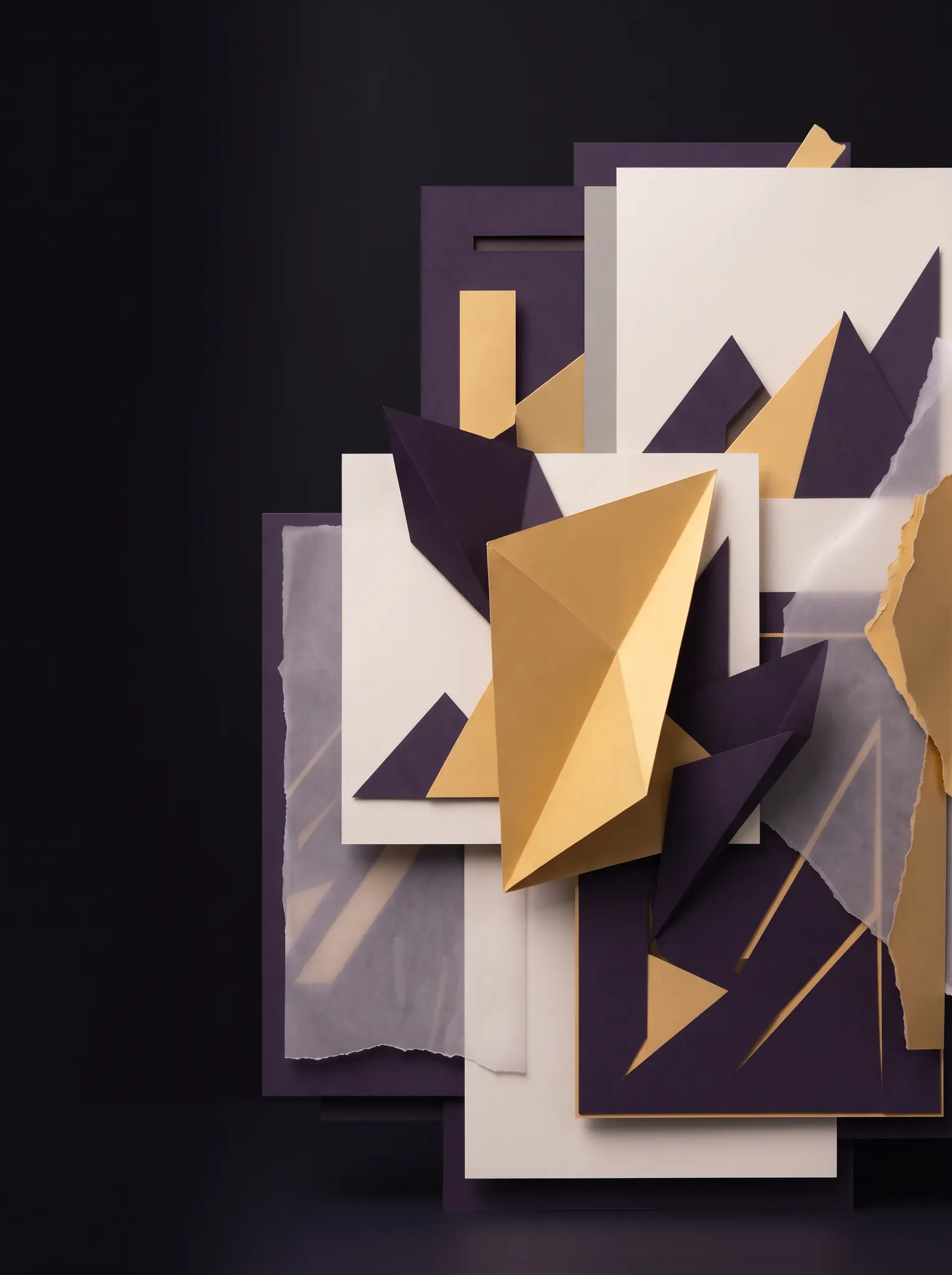 Abstract folded paper sculpture in plum and gold, without writing