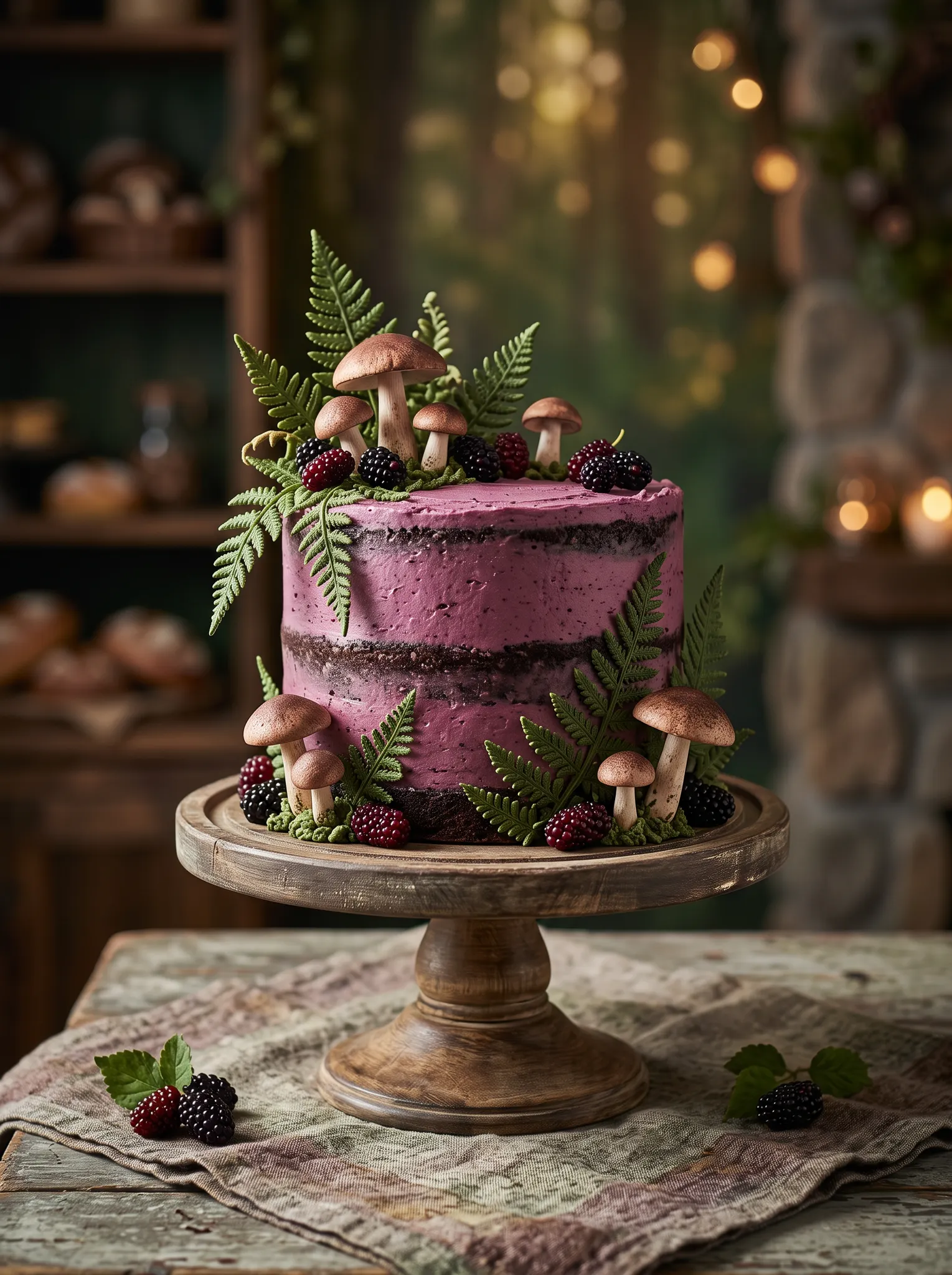 Illustrative mulberry chocolate cake with woodland decoration