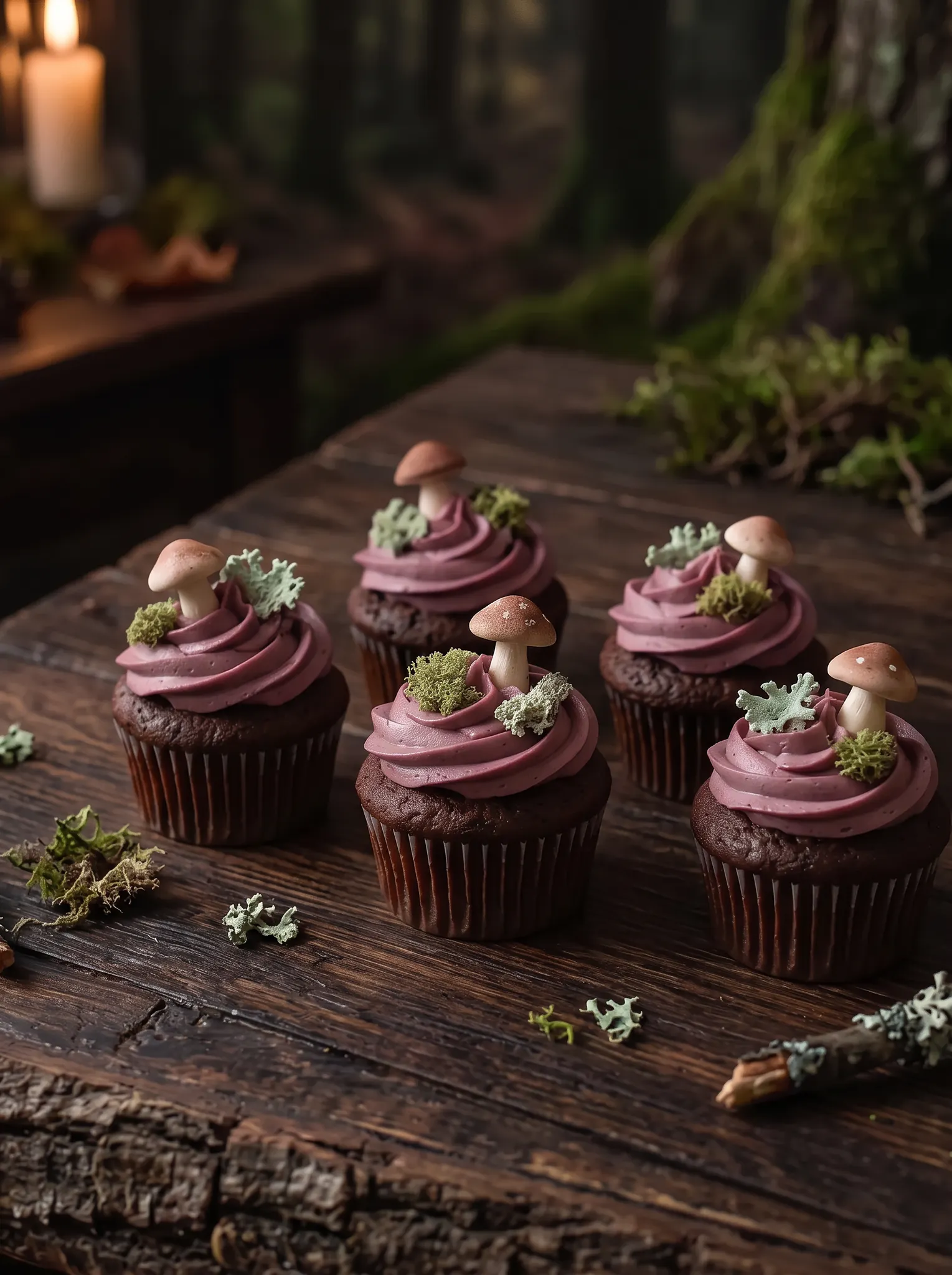Illustrative sugar mushroom cupcakes with mulberry frosting